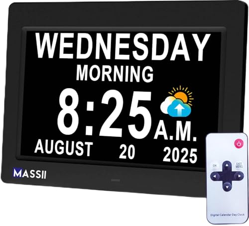 MASSII Dementia Clock with Date Time Voice Announcement, 27 Alarms Custom Reminders, Sleep Trainer, Auto DST, 10 Levels Night Dimmer, Large Talking Digital Calendar Clock for Elderly with 1.5M Adaptor - color: 7" Hd-black