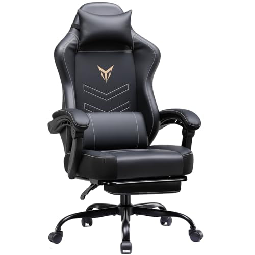 GTPLAYER Gaming Chair, Office Chair High Back Computer Chair with Foot Rest for Adults, Leather Desk Chair Executive Ergonomic Height Adjustable with Headrest and Lumbar Support, 300lbs Dark Black - color: Dark Black
