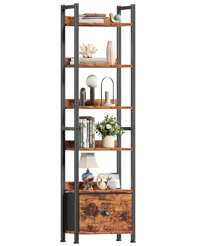 Furologee 6 Tier Bookshelf, Tall Shelf with Drawer, Wood and Metal Bookshelves Storage Organizer, Industrial Display Shelving Unit for Bedroom, Living Room, Home Office, Rustic Brown - color: Rustic Brown, size: 6 Tier -1 PCS