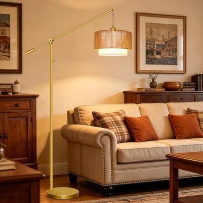 【Upgraded】Boho Dimmable Floor Lamps with Adjustable Swing Arm, 1100 Lumens Bulb Included, Modern Standing Lamp with Rattan & Fabric Shades, Farmhouse Tall Arc Floor Lamp for Living Room Bedroom, Gold - color: Bohemian-Gold