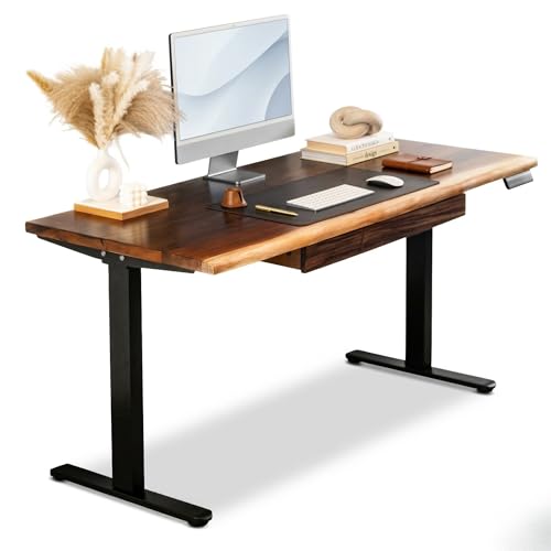 Walnut Standing Desk with Drawer - W60 x D27 Solid Wood Live Edge Adjustable Height Sit Stand Desk - Stable Dual Motor with Memory Presets, Quick Assembly - Stand Up Home Office Table by MWS Studio