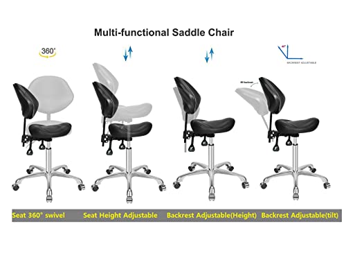 Kaleurrier Saddle Stool with Back Support: Rolling Saddle Chair with Wheels - color: Black, size: With Back