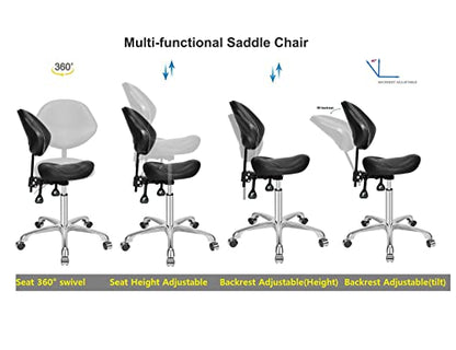Kaleurrier Saddle Stool with Back Support: Rolling Saddle Chair with Wheels - color: Black, size: With Back