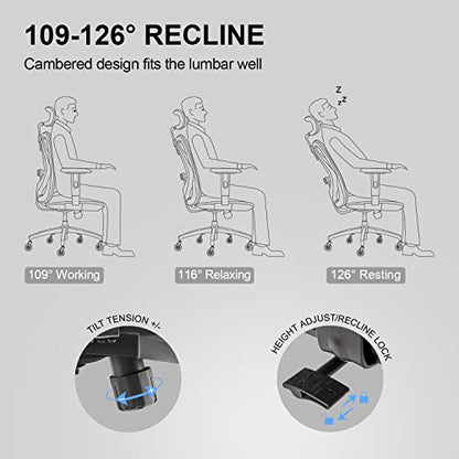 XUER Ergonomic Office Chair, Mesh Computer Desk Chair with Adjustable Sponge Lumbar Support, Thick Cushion, PU Armrest and Headrest, High Back Swivel Home Office Task Chair for Work (Black)…