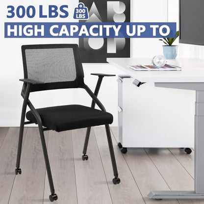 CLATINA Stackable Foldable Conference Room Chairs with Wheels, Portable Padded Office Desk Chair with Lumbar Support and Armrest for Training Room, Guest, Reception, Black (2pk)
