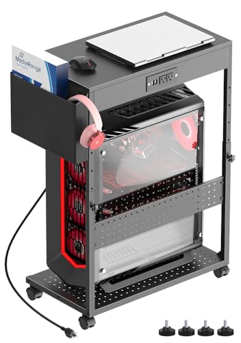 PC Stand with Charge Station,Computer Tower Stand on Wheels, Black