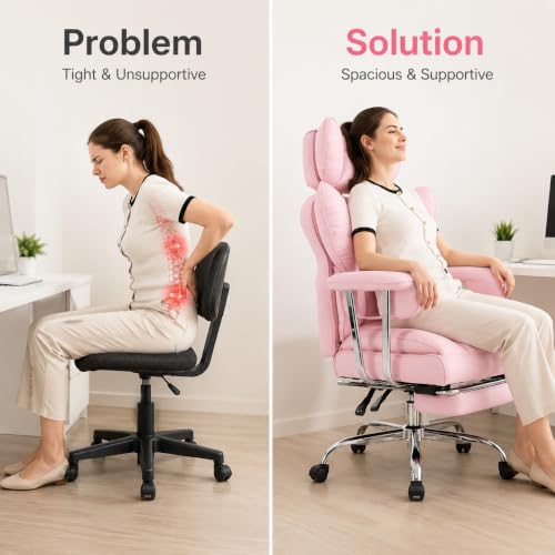 Big and Tall Office Chair, Ergonomic Executive Desk Chair with Footrest and Lumbar Support, Heavy Duty PU Leather Reclining Computer Chair with Extra Wide Seat for Home Office, Pink - color: Pink