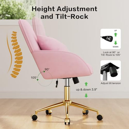 Pink Velvet Desk Chair with Pillow, Upholstered Home Office Desk Chair Makeup Vanity Chair with Swivel Wheels, Ergonomic Office Chair Computer Task Chair for Living Room, Bedroom - color: Pink