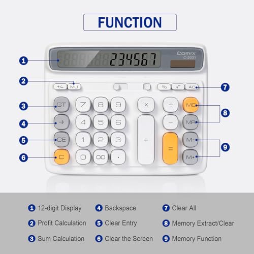 Comix Desktop Calculator, 12 Digits Large Button Desk Calculator, White - color: White