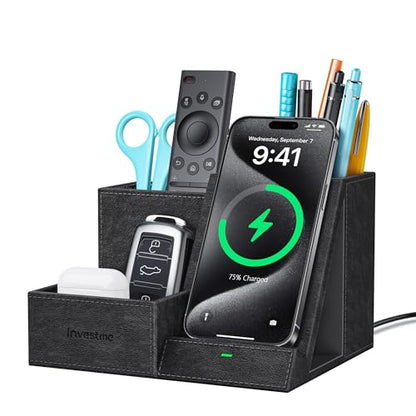 Wireless Charger with Desk Organizer, 3 Compartments and 1 Phone Stand - color: PU Black