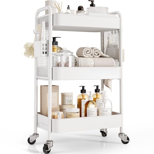 TOOLF 3 Tier Rolling Cart, Metal Utility Storage Cart with Pegboard, White | 2 Bins & 4 Hooks, Screwless Assembly, Lockable Wheels, Trolley Organizer for Bathroom, Kitchen, Office, Dorm, Craft Room - color: White, size: 3-Tier