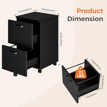 Sweetcrispy 2 Drawer Filing Cabinet Black, Rolling Wood File Cabinets with Printer Stand Under Desk Storage Lockable Wheels, Home Office Organizer