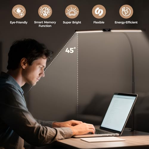 Voncerus LED Desk Lamp for Home Office, Double Head Desk Light with Clamp - color: Black Pro
