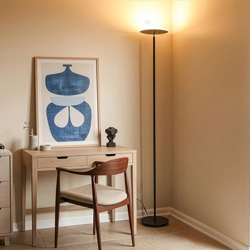 Brightech Sky LED Floor lamp, Torchiere Super Bright Floor Lamp for Living Room Decor & Office - Dimmable, Tall Standing Torch Lamp with Warm Light for Bedroom & Reading - Black - color: Jet Black