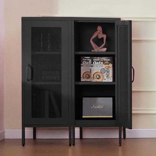 Slim Metal Storage Cabinet with Mesh Doors - 42'' Tall Narrow Organizer Tower, Compact Freestanding Cabinet, Versatile Utility Storage for Home, Office, Kitchen, Living Room, Durable and Modern Design | 42" Tall Narrow Cabinet, Adjustable Shelves, Steel O