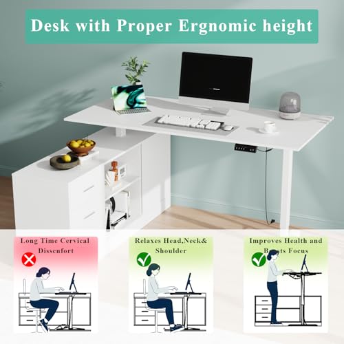 63" L Shaped Electric Standing Desk with File Cabinet, Height Adjustable Stand up Desk with Drawers and Shelves, Home Office Computer Gaming Table, White - color: White