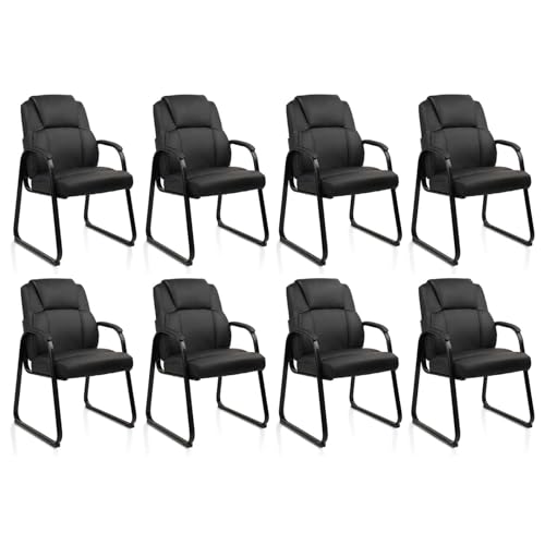 CLATINA Ergonomic Black Guest Chair with Arms Set of 8- Office Reception and Conference Seating, PU Leather Meeting Chairs with Sled Base for Waiting Rooms and Home Offices - color: Black-sled Base, size: 8PK