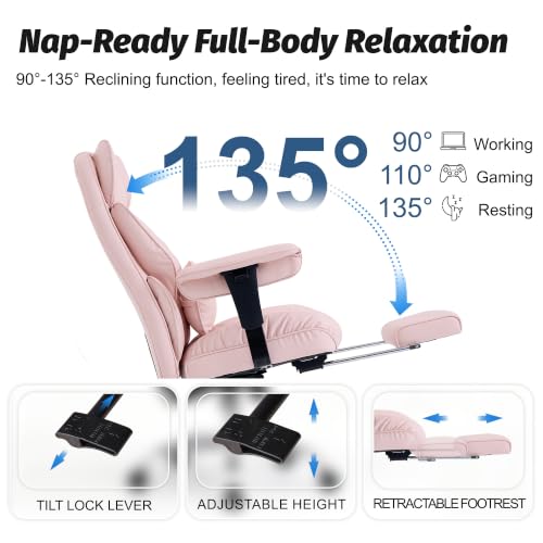 Efomao Executive Office Chair 400lbs,Pink Big and Tall Desk Chair | Mattress-grade pocket spring cushion, sleek leather, 135° recline & footrest for computer gaming setup. - color: 3084p-pink