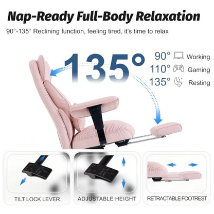 Efomao Executive Office Chair 400lbs,Pink Big and Tall Desk Chair | Mattress-grade pocket spring cushion, sleek leather, 135° recline & footrest for computer gaming setup. - color: 3084p-pink