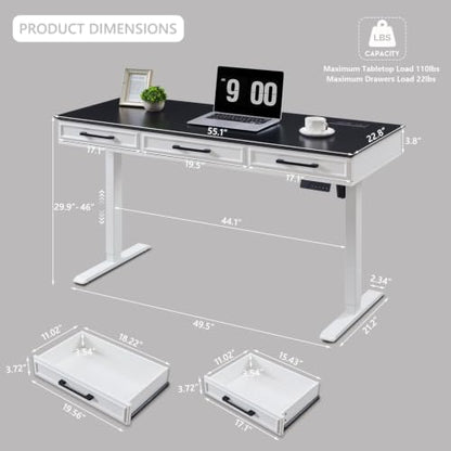 Electric Standing Desk with 3 Storage Drawers, 55x22 Inch Wood Adjustable Height Computer Desk w/One-Piece Desktop, Sit to Stand Up,Power Outlets, Gaming Table for Home Office and Study, White - color: White