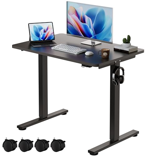 Okin Electric Standing Desk, 40 x 24 Inches Whole Piece Height Adjustable Desk, Black Sit to Stand Desks Computer Workstation with Wheels for Home Office - color: Black+casters, size: 40 Inch