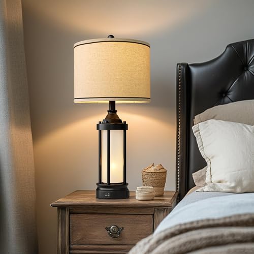 25'' Table Lamps for Bedroom Living Room Lamps Set of 2 Farmhouse Nightstand Bedside Lamps with USB Ports, Built-In Frosted Glass Night Light Industrial Metal Night Stand Lamp, Bulbs Included, Black - color: Metal Black - Set of Two