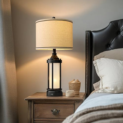 25'' Table Lamps for Bedroom Living Room Lamps Set of 2 Farmhouse Nightstand Bedside Lamps with USB Ports, Built-In Frosted Glass Night Light Industrial Metal Night Stand Lamp, Bulbs Included, Black - color: Metal Black - Set of Two