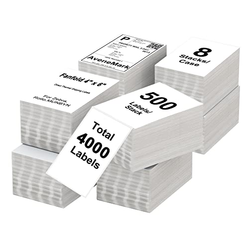 AveneMark 8 Stacks 4000 Labels 4" x 6" Fanfold Direct Thermal Labels, Postage Shipping Labels Paper with Perforated, Strong Adhesive Label for Zebra, Rollo, MUNBYN Thermal Printer,500 Labels per Stack - size: 4"x 6" Fanfold(8 Stacks-4000 Labels)