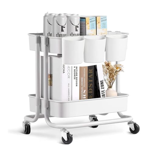 2-Tier Utility Rolling Cart Storage Sofa Side Table with Wheels, Mobile Trolley Organizer with for Office Home Kitchen Organization, Cream White - color: A- Cream White