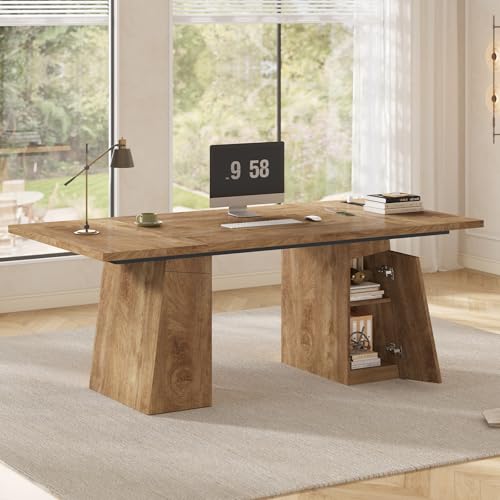 UPOSOJA 63 in Executive Desk with Power Outlets, Modern Home Office Desk with Storage Cabinet, Wood Computer Desk Business Workstation Desk Conference Table (Oak) - color: Oak, size: 63in Cabinet