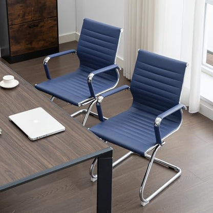 Office Guest Reception Chair Set of 2, Conference Room Chairs Waiting Room Chairs 2 Pack, Modern Leather Office Desk Chair No Wheels(Navy Blue) - color: Navy Blue, size: 2 Pack