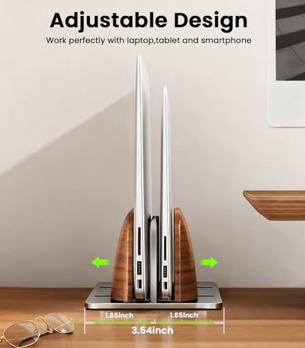 LOXP Vertical Laptop Stand, Dual Slot Wooden + Aluminum Laptop Holder | Desktop Adjustable MacBook Stand, Adjustable Base, for MacBook Pro/Air, (up to 17.3-inch All laptops)
