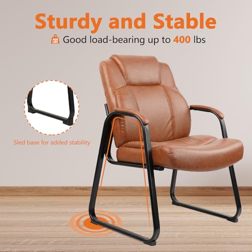 CLATINA Big and Tall Office Chair Set of 2 500lbs Leather Reception Chair with Bonded Padded Armrest Wide Seat Sled Base Desk Chair No Wheels for Reception Conference Waiting Room Side Office, Brown - color: Brown, size: 2 Pack