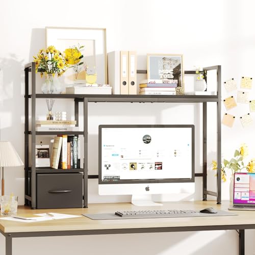 Desk Shelf with Drawer, 41.3" Desktop Organizer Shelf, Desk Hutch for Computer Monitor Max 32", 3 Tier Desktop Display Rack, Wooden Desk Top Bookshelf Storage Rack for Home Office Dorm, Black - color: Black