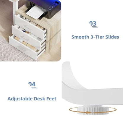 MaverickFurni 67" Home Office Desk with 3 Drawers and LED Lights, Walnut - color: White and Walnut