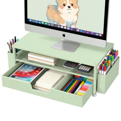 ECOLOVI Desk Organizer and Accessories, 2-Tier Computer Monitor Stand Rise with Storage Drawer & 2 Pen Holders, Laptop & Printer Stand for Desktop, Workspace Organizers for Office Supplies (Sage Green) - color: Sage Green