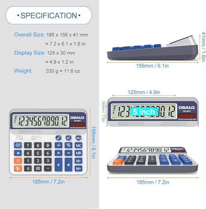 Desktop Calculator Extra Large 5-Inch LCD Display 12-Digit Big Number Accounting Calculator with Giant Response Button, Battery & Solar Powered, Perfect for Office Business Home Daily Use(OS-6815) | Calculators Desktop, Adding Machine for Office Accountin