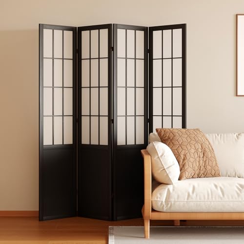 Room Divider, 66.9Inch Tall Japanese Shoji Style Folding Wood Screen with Double Hinges for Home Office Bedroom Hotel Decoration (4Panels, Black) - color: Black, size: 4 Panels