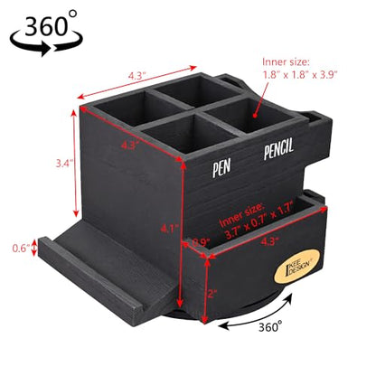 Ikee Design 360-degree Rotating Pen Holder | Rotating wood desktop organizer with 4 compartments stores pens, pencils, markers, phones and office supplies.