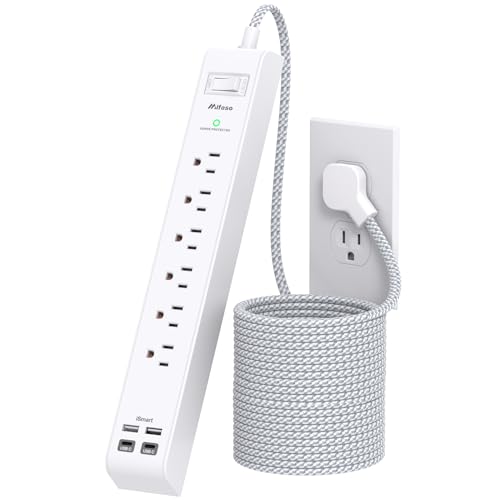 Flat Plug Extension Cord, Surge Protector Power Strip 15FT, 10-in-1 with 6 AC Outlets 4 USB Ports(2 USB-C), Extension Cord with Multiple Outlets, Wall Mountable, 1080J Surge Protection, White - color: White&Grey, size: 15FT