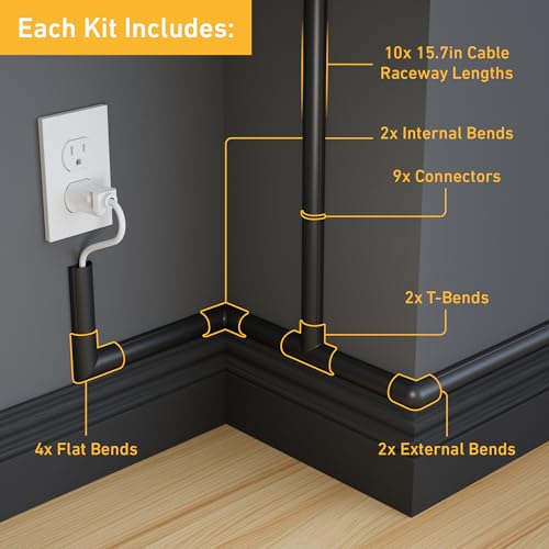 D-Line 157in Cord Cover Kit, Self-Adhesive Wire Hiders, Cable Raceway to Hide Wires on Wall, Electrical Cable Management - 10x 15.7 Lengths & 19 Accessories - 1.18" (W) x 0.59" (H) - Black - color: Black, size: 1.18in (W) x 0.59in (H)