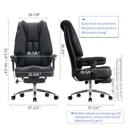 EXCEBET Big and Tall Office Chair 400lbs Wide Seat, Leather High Back Executive Office Chair with Foot Rest, Ergonomic Chairs Lumbar Support for Lower Back Pain Relief (Black) - color: All Black