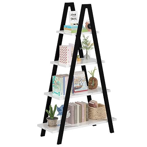 Recaceik 4-Tier A-Shaped Ladder Bookshelf, Industrial Faux Mable Bookcase with Metal Frame, Farmhouse Open Display Shelves for Living Room, Bedroom, Office - color: White