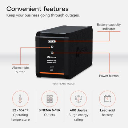 Vertiv Liebert PowerUPS 200 Essential PSA6E-1000LVT UPS 1000VA/530W USB C+A - size: 1000VA/550W