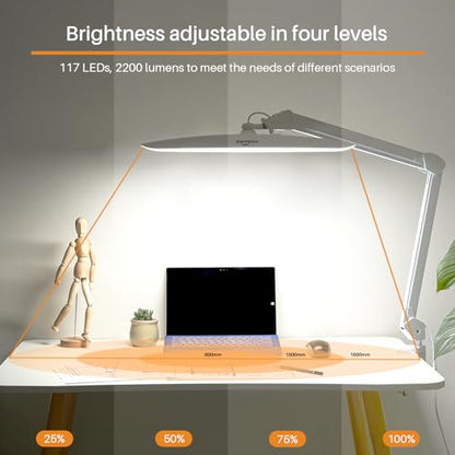 20-Inch LED Desk Lamp with Clamp, 24W 2200LM, Protected Arm, White | 117 SMD LEDs deliver eye-caring daylight illumination with 4 brightness levels and reinforced dual metal arms - size: WHITE-NonCCT-Protective