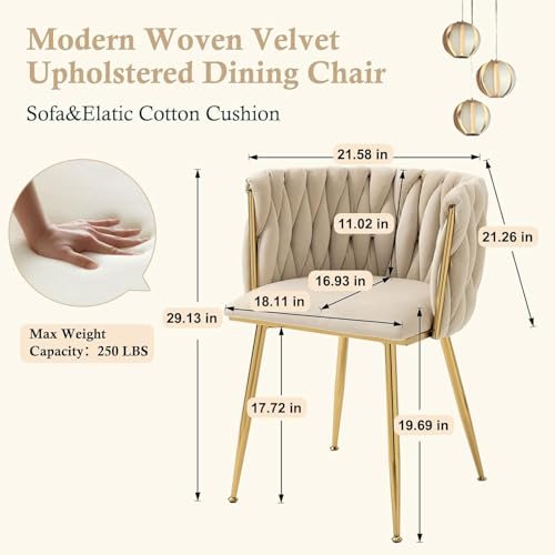 NIOIIKIT Modern Velvet Dining Chairs Hand Weaving Accent Chairs Living Room Chairs Upholstered Side Chair with Golden Metal Legs for Dining Room Kitchen Vanity Living Room (Ivory) - color: Ivory