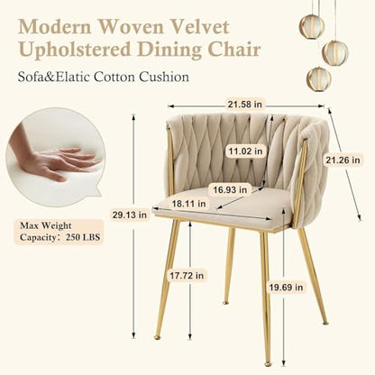 NIOIIKIT Modern Velvet Dining Chairs Hand Weaving Accent Chairs Living Room Chairs Upholstered Side Chair with Golden Metal Legs for Dining Room Kitchen Vanity Living Room (Ivory) - color: Ivory