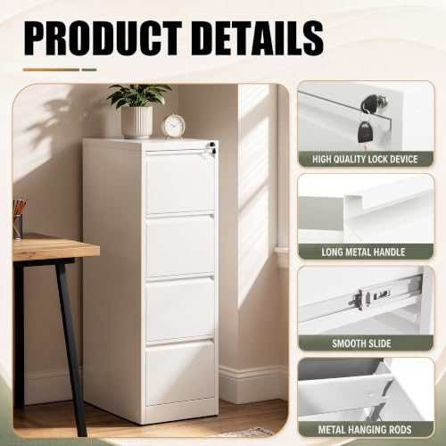 4 Drawer File Cabinet for Home Office, Vertical Filing Cabinet - color: White, size: 52.3"H - 4 Drawer