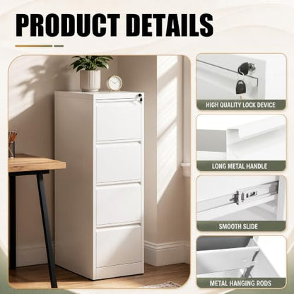 4 Drawer File Cabinet for Home Office, Vertical Filing Cabinet - color: White, size: 52.3"H - 4 Drawer