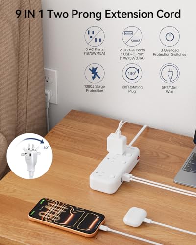 2 Prong Extension Cord with 6 Outlets 3 USB, 5FT Surge Protector, Old House | 1875W, 2 Prong to 3 Prong Outlet Adapter, Rotating Plug, USB-C(15.5W), Polarized, Non Grounded, Multi Plug - size: 5 FT-White-Two Prong